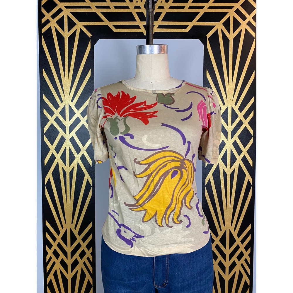 vintage t shirt, 1970s top, pleated sleeves, graphic tee, bright floral, mod